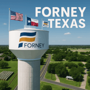 water tower in Forney with the cities name on it and 3 flags on top of US Flag Texas Flag and Forney Flag